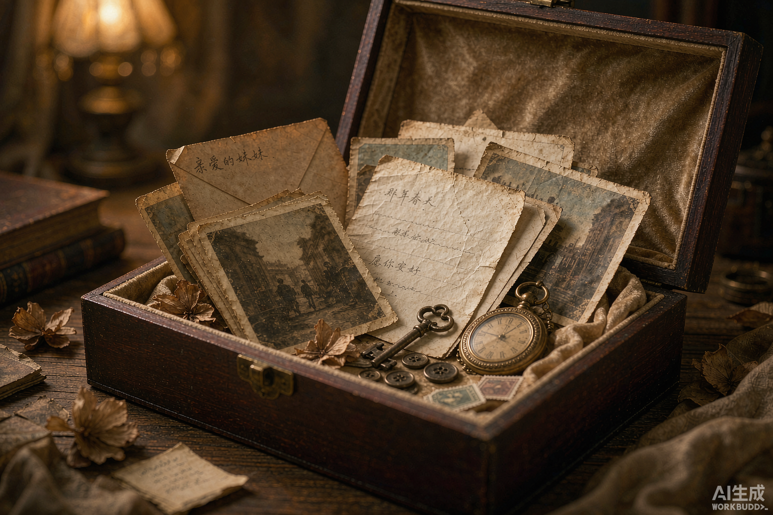 Open gift box holding old photographs, handwritten letters, and keepsakes